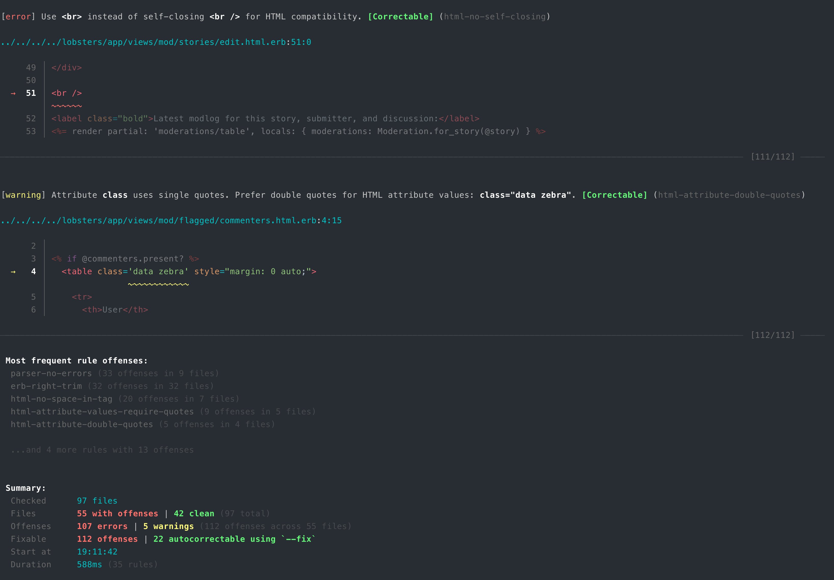 Herb Linter autofix command showing correctable offenses being fixed